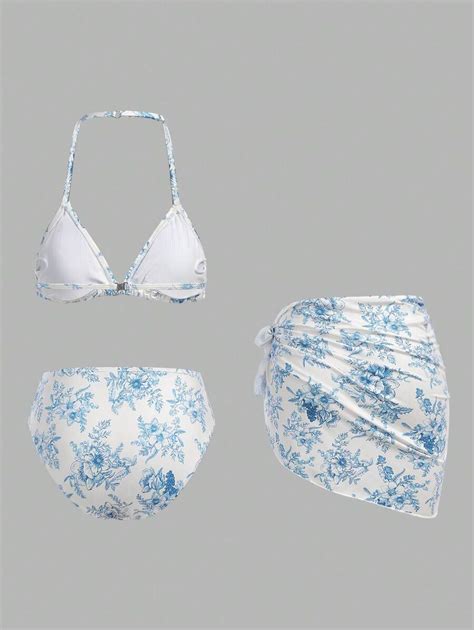 SHEIN Tween Girl Leisure Qinghuaci Pattern Halterneck Skirted Bikini Set With Mesh Cover Up