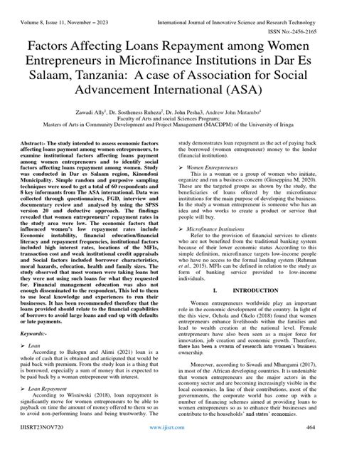 Factors Affecting Loans Repayment Among Women Entrepreneurs In Microfinance Institutions In Dar