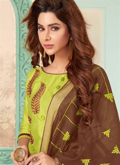 Buy Green Embroidered Cotton Designer Salwar Kameez 152205