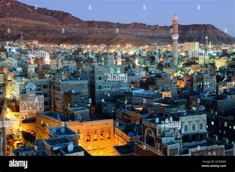 Old city of Sanaa the capital of Yemen. View on the city from roof at ...