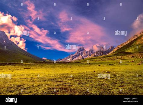 Landscape With Sky Clouds And Lakes Green Meadows High Up In The