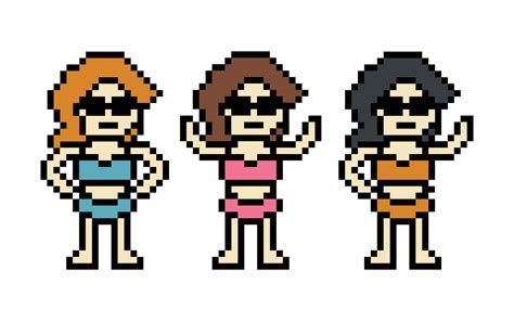Set Of Cute Pixel Cartoon 8bit Character Woman Bikini Or Swimming Suit Game Summer Beach