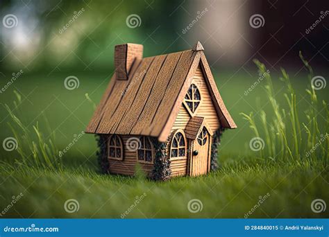 Miniature Wooden House On A Green Grass Real Estate Concept Eco Friendly Home Buying A