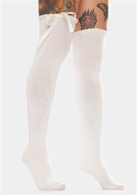 Ruffle Cuff And Satin Bow Thigh High Socks White Dolls Kill