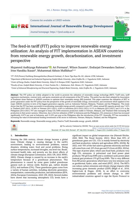 Pdf The Feed In Tariff Fit Policy To Improve Renewable Energy