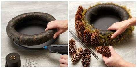 Two Pictures Showing How To Make A Pine Cone Wreath