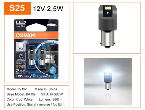 OSRAM ไฟสญญาณ LED P21W BA15s ไฟตดหมอกรถยนต7456 S25 LED สำหรบขบรถ