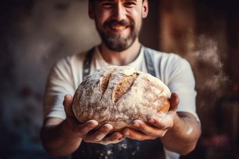 O padeiro está a fazer no forno pão de fermento fresco massa de