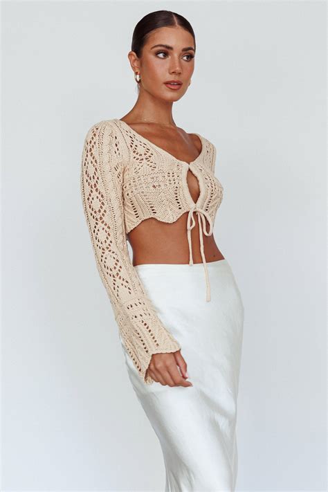 Shop The Maycie Long Sleeve Crochet Crop Top Beige Selfie Leslie