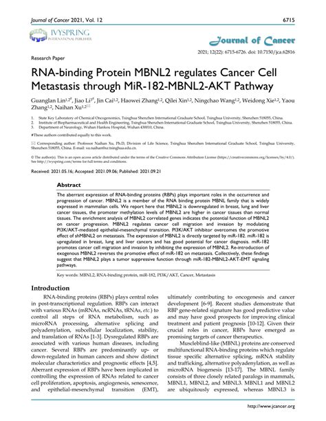 PDF RNA Binding Protein MBNL2 Regulates Cancer Cell Metastasis