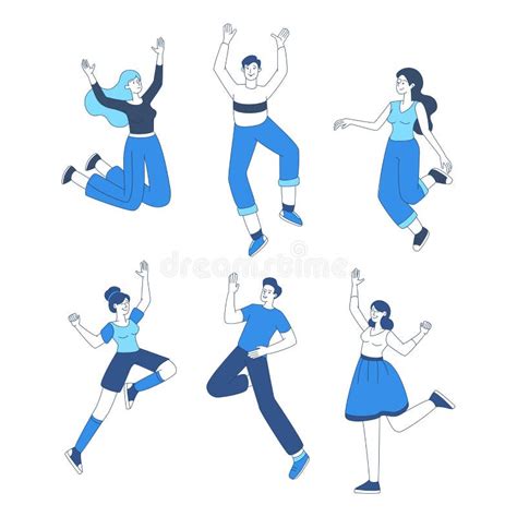 Jumping People Flat Vector Illustrations Set Smiling Students