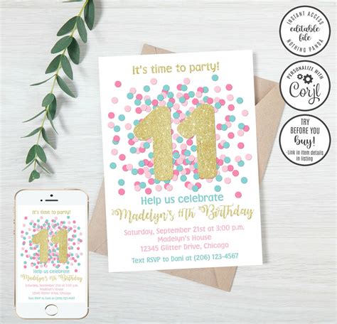 Editable 11th Birthday Invitation 11th Birthday Invite Etsy