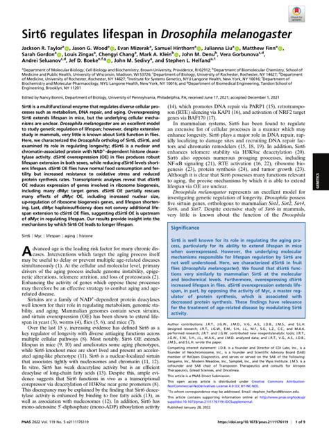 Pdf Sirt Regulates Lifespan In Drosophila Melanogaster