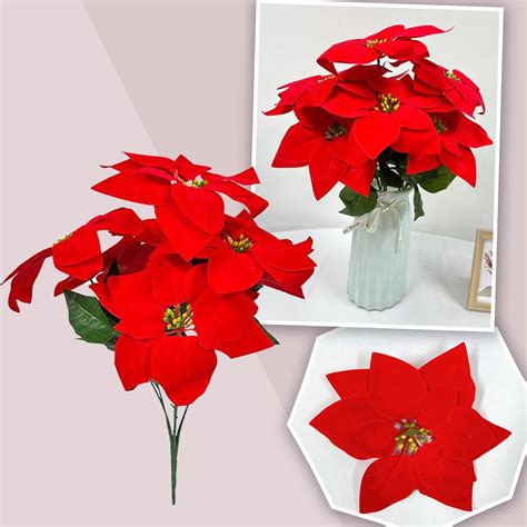 Christmas Flowers Silk Red Bushes Red Christmas Flowers 7 Heads Velvet