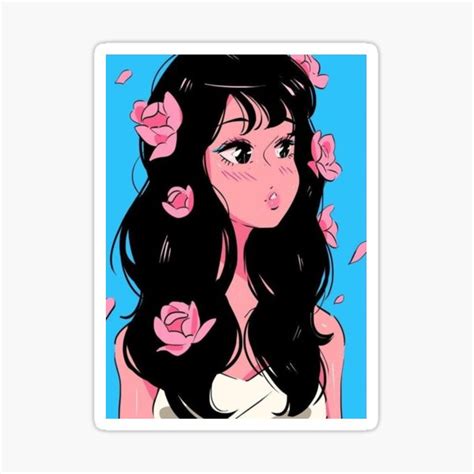 Girl With Pink Flowers Summer Vibe Artwork Pink Art Sticker