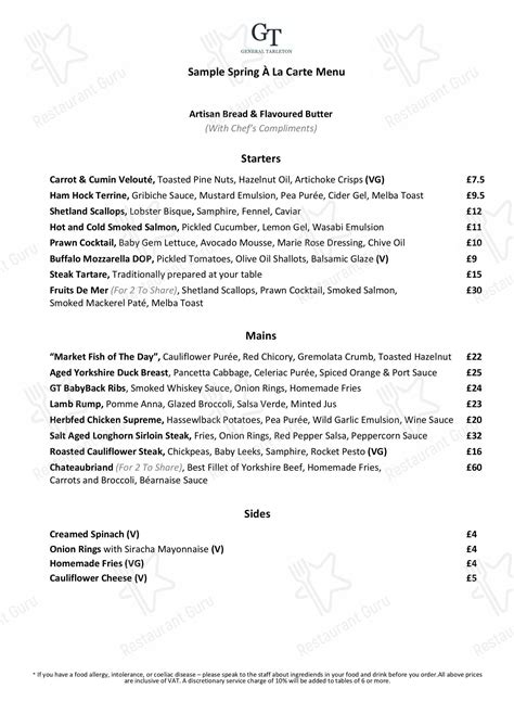 Menu At The General Tarleton Pub And Bar Knaresborough