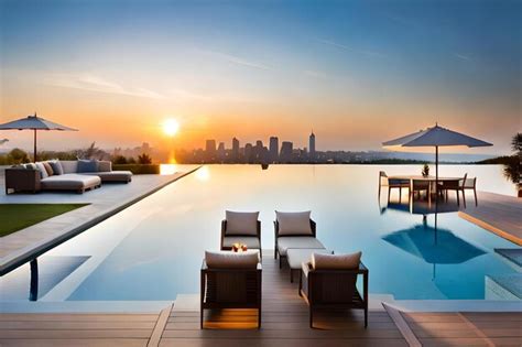 Premium Photo | A hotel pool with a view of the city