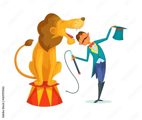 Circus Trainer Performs A Trick Along With A Lion Stock Vector Adobe