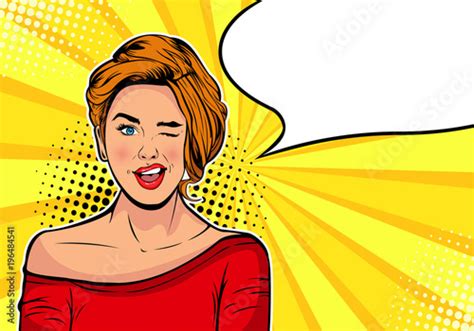 Winking Girl Cartoon Comic Vector Illustration In Pop Art Retro Style