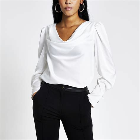 White Long Sleeve Cowl Neck Satin Blouse River Island