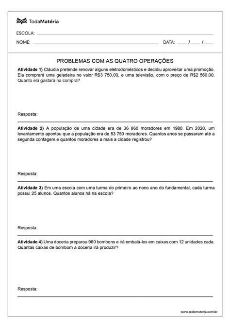 Atividades Das 4 Operações - Folhas de atividades com problemas das quatro operações - Toda Matéria
