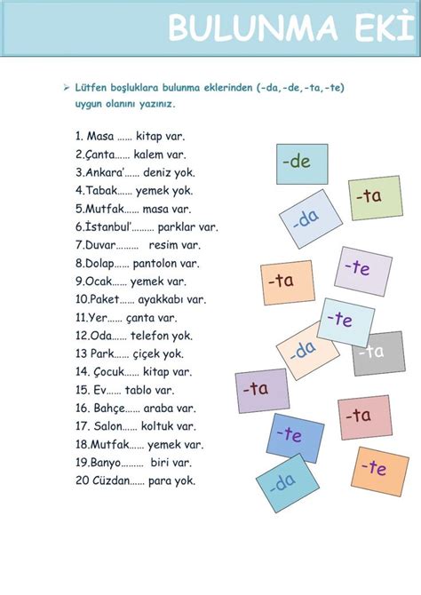 Bulunma Eki Worksheet Turkish School School Subjects Workbook