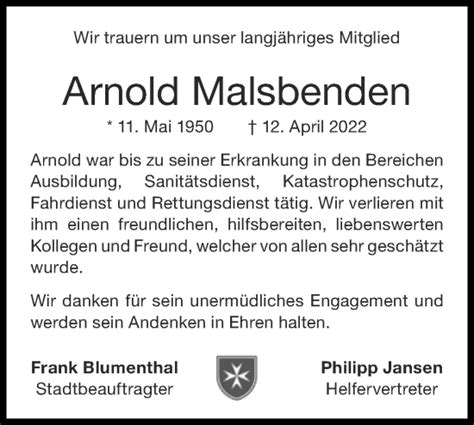 Traueranzeigen Von Arnold Malsbenden Aachen Gedenkt