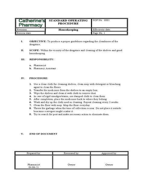 Standard Operating Procedures for Housekeeping, Dispensing, Storage ... 