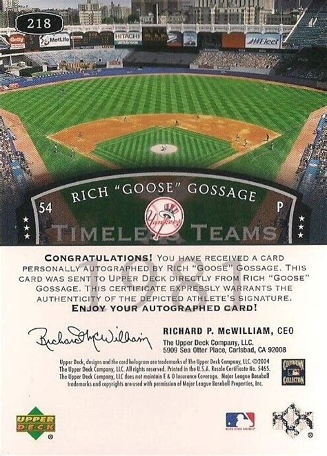 Goose Gossage 2004 Ud Legends Timeless Teams Autograph Hof New York