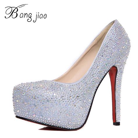 2017 Women High Heels Prom Wedding Shoes Lady Crystal Platforms Silver Glitter Rhinestone Bridal