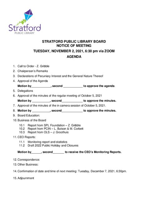 Fillable Online STRATFORD PUBLIC LIBRARY BOARD NOTICE OF Fax Email