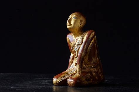 Th Century Burmese Kneeling Buddhist Monk Gilded Wood Temple Figure