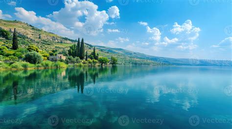 Lake water reflecting hill trees. Clean water reflects the sky. Green