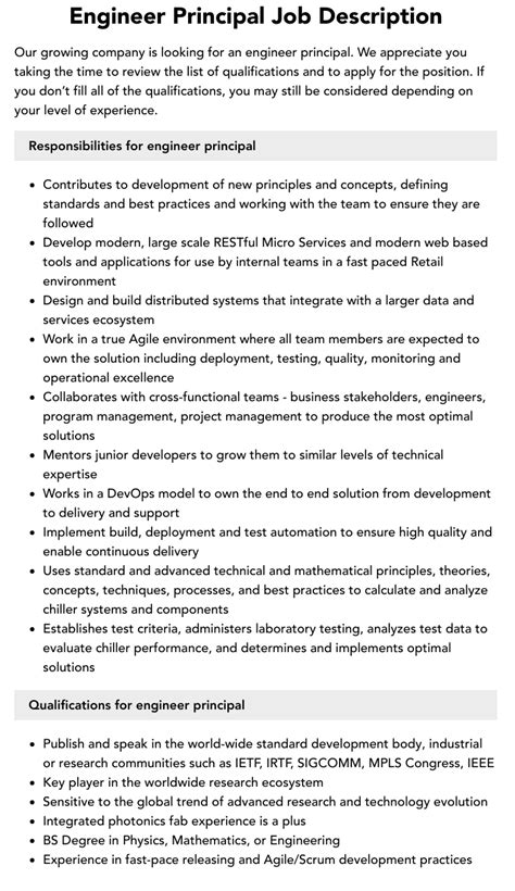 Engineer Principal Job Description Velvet Jobs