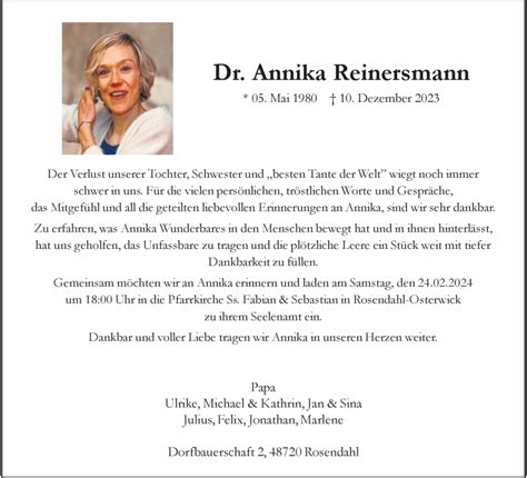 Traueranzeigen Von Dr Annika Reinersmann Trauer Ms