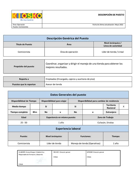 Ejemplo de descripción de puesto DESCRIPCIN DE PUESTO rea