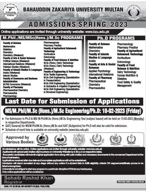 Bzu Multan Ms M Phil Phd Merit Lists Admission 2023