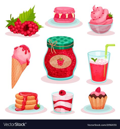 Flat Set Of Raspberry Food And Drink Ice Vector Image