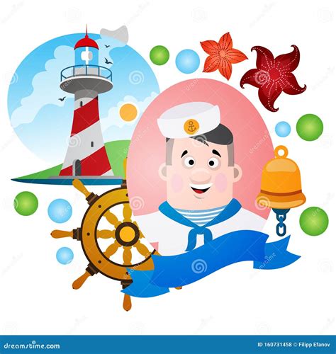 Illustration With A Sailor In The Background With A Lighthouse Clipart