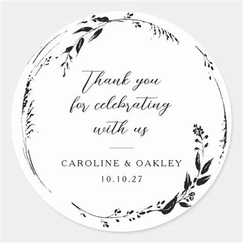 Black White Floral Wreath Wedding Custom Thank You Classic Round