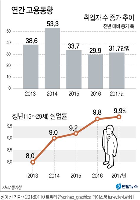 그래픽 작년 취업자 증가 31만7천명청년실업률 99％ 역대 최고 연합뉴스