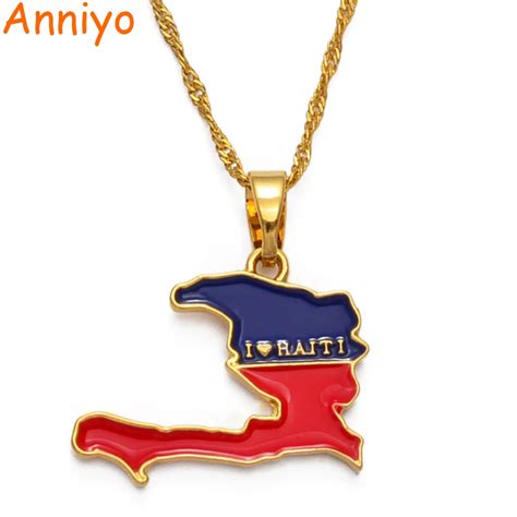 Anniyo I LOVE HAITI Map Flag Pendant Necklaces For Women Girls Ayiti