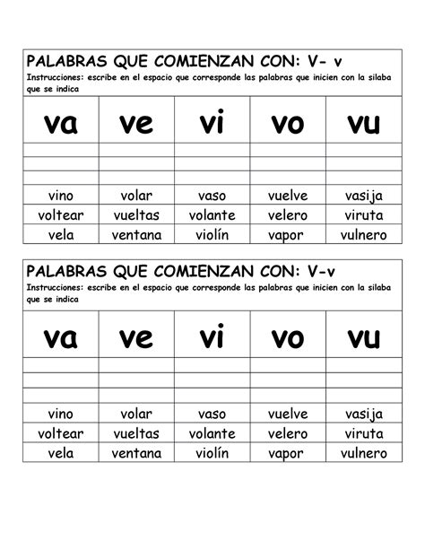 Ejemplos De Palabras Con Va Ve Vi Vo Vu Off