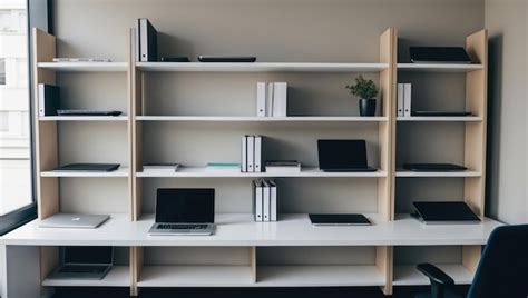 A Modern Office Workspace Featuring Organized Shelves And Technology