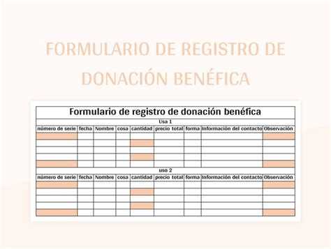 Plantilla de Formato Excel Formulario De Registro De Donación Benéfica