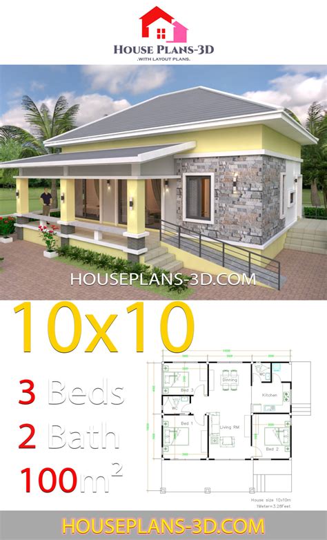 House Design 10x10 With 3 Bedrooms Hip Roof House Plans S