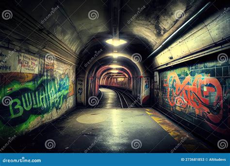 Subway Tunnel, with Graffiti Art and Tags on the Walls Stock ...