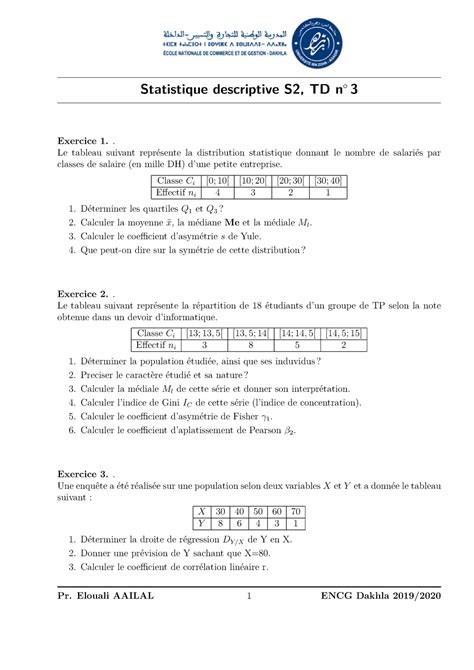 Statistique Descriptive TD3 Statistique Descriptive S2 TD N 3