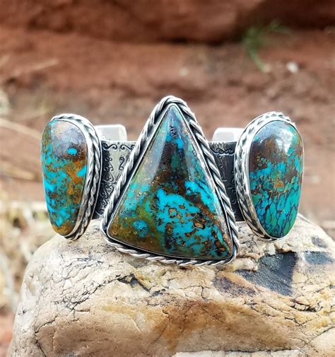 High Grade Kingman Turquoise Three Large Gemstone Bracelet Sterling