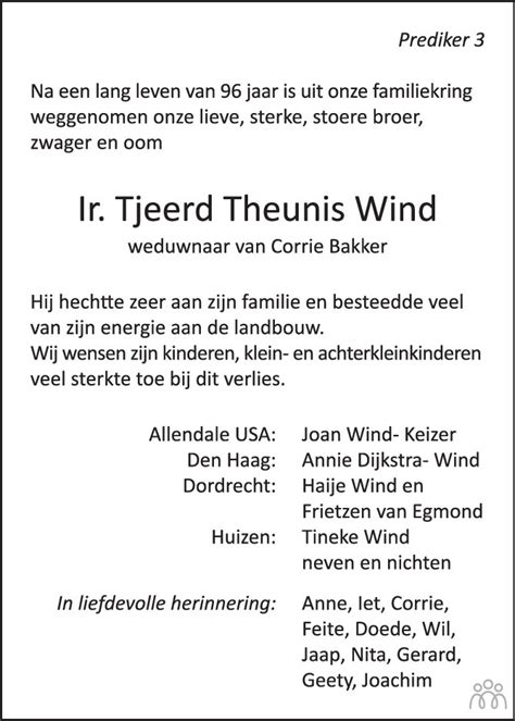 Tjeerd Theunis Wind Overlijdensbericht En Condoleances